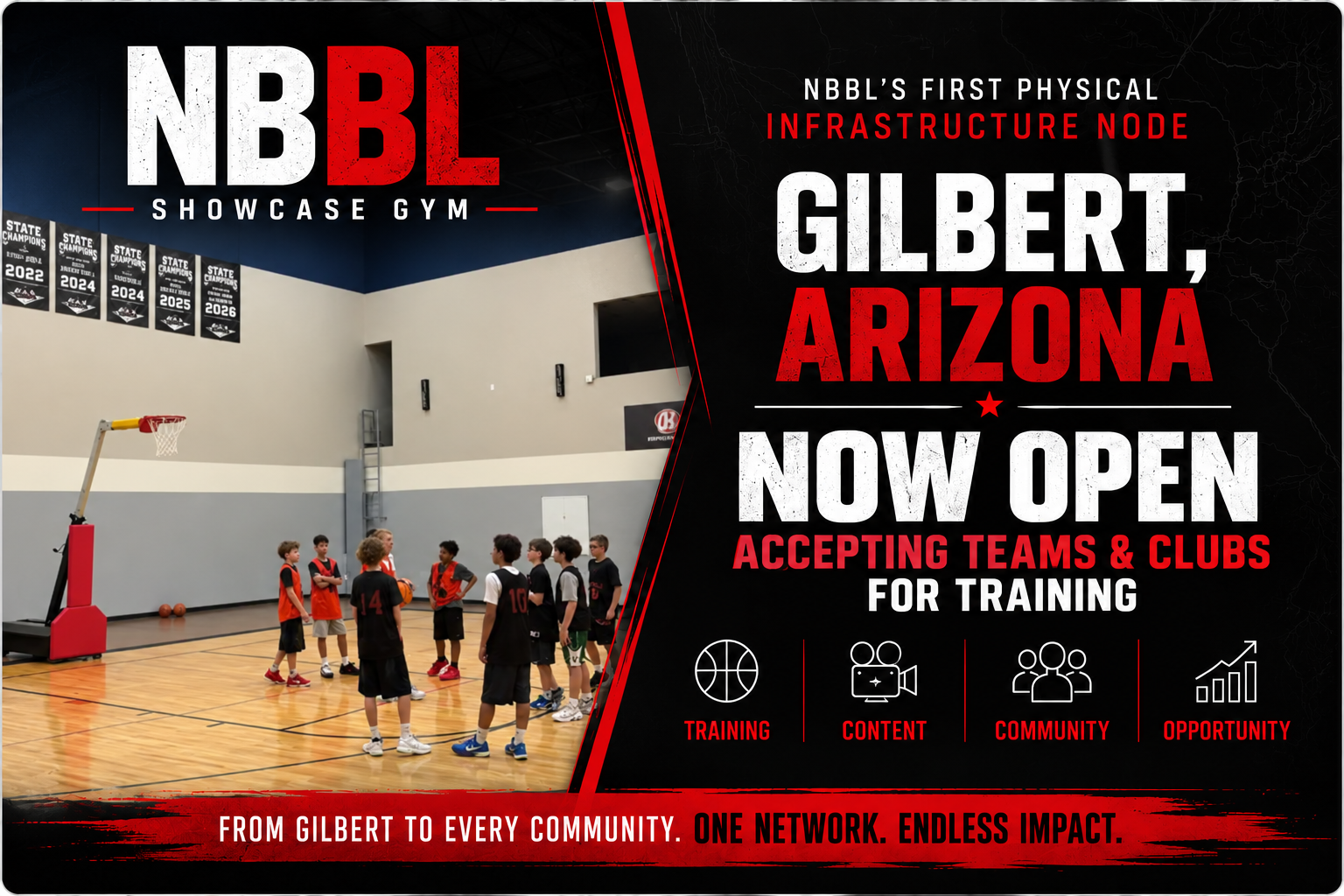 Get ready for Gilbert — NBBL Showcase Gym opens September 1, 2026. Training, content, community, opportunity.
